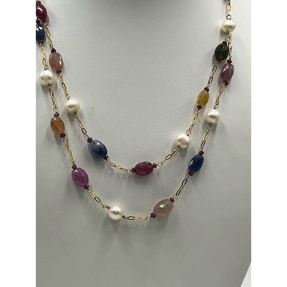 V Quartz Topaz Sapphire Citrine Freshwater Pearl Gold Vermeil Layer Necklace - Picture 13 of 15